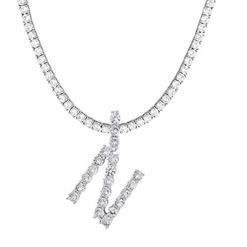 Jacruces Personalized Bling CZ Letter Necklace for Women Silver Tennis Chain