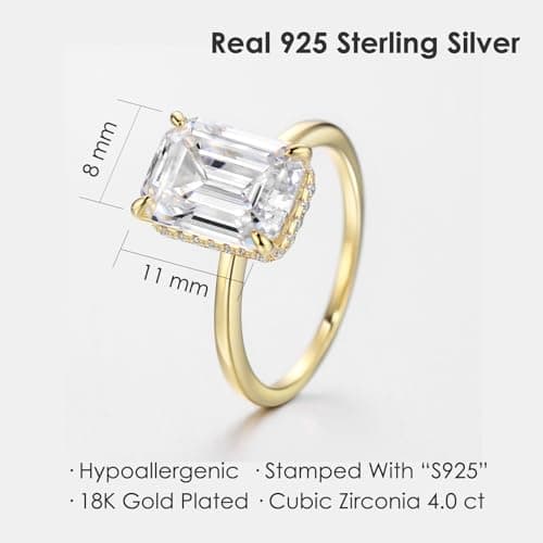 Michooyel 18K Gold Plated Emerald Cut Cubic Zirconia Engagement Ring for Women