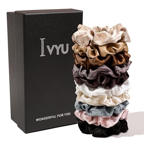 Ivyu Silk Satin Scrunchies - Soft No-Hurt Hair Bands for Women White Black Gray Pink