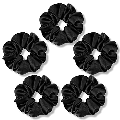 Fittia Black Silk Scrunchies for No Crease Sleep, Silky Satin Hair Ties, 5 Pack