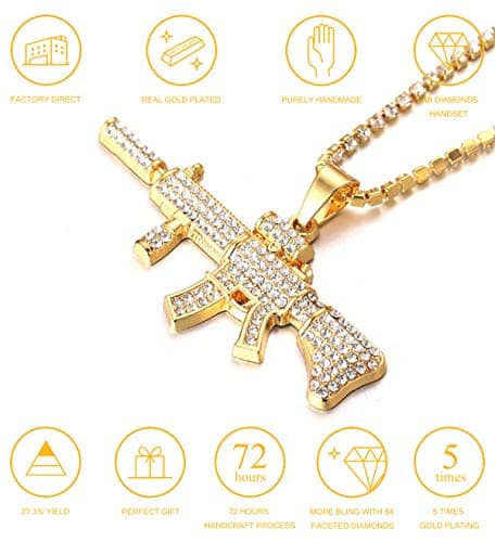 Halukakah Men's 18K Gold Plated Pendant Necklace - Over 1000 Diamonds AK47 3D Style