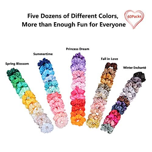 BeeVines Silk Scrunchies for Women & Girls, 60 Pack Birthday Gift