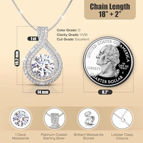 Velare Jewelry Platinum Plated Certified Moissanite Necklace for Women