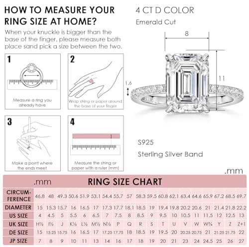 Michooyel 4ct Emerald Cut CZ Engagement Ring for Women, D Color VVS Wedding Promise Ring in Sterling Silver