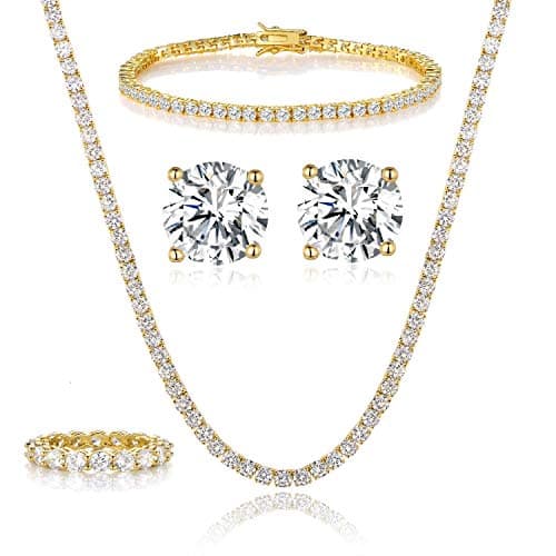 Gemsme 18K Yellow Gold Plated Jewelry Set - Necklace, Bracelet, Earrings, Ring Packaging of 4
