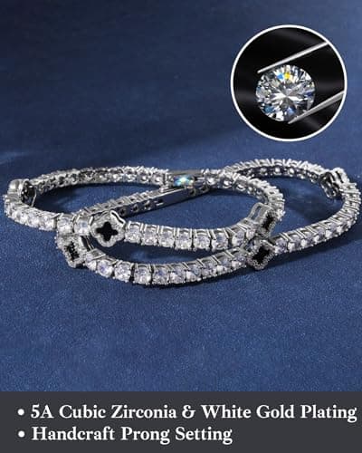 LuxeFlex 4mm Iced Out Four Leaf Tennis Bracelet, White Gold Plated, 5A Zircon Stones, Handmade Hip Hop Jewelry