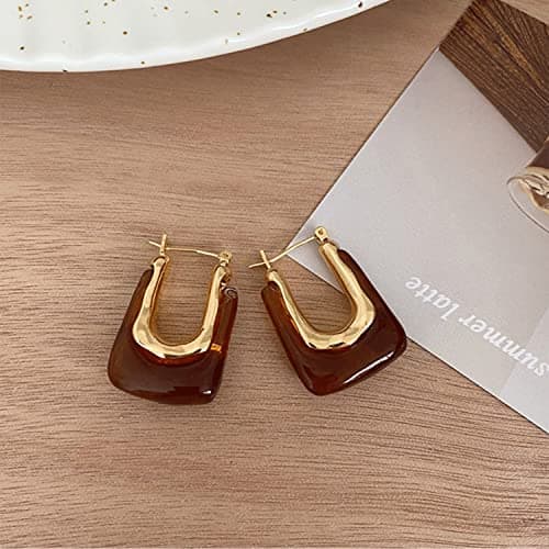 NORLSO Chunky Clear Retro U-Shaped Hoop Minimalist Square Resin Huggie Earrings