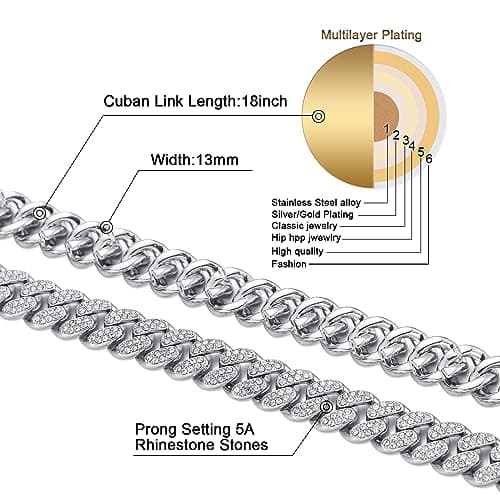 FEEL STYLE Silver Iced Cuban Link Chain Bling Diamond Curb Necklace 18-24inch