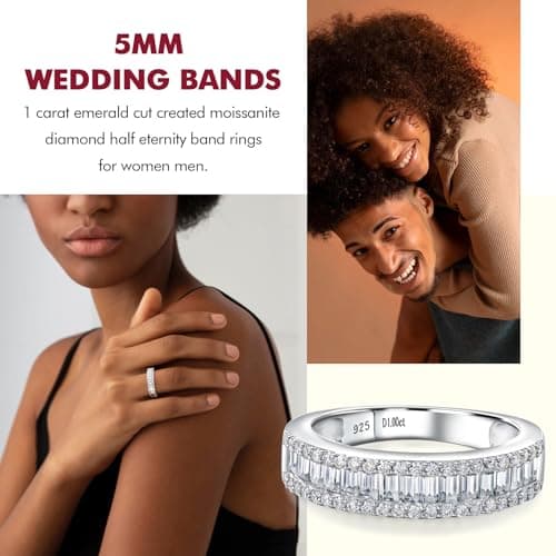 DAYBYDAY Emerald Cut Channel Set 1ct Baguette Moissanite Eternity Bands Sterling Silver