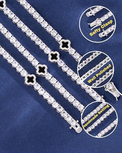 LuxeFlex White Gold Plated 4mm Four Leaf Tennis Chain with 5A Zircon Stones Hip Hop Bling Necklace