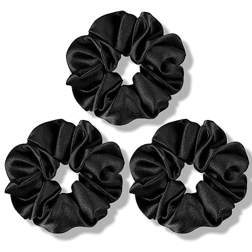 Fittia Black Silk Scrunchies for No Crease Sleep, Silky Satin Hair Ties, 5 Pack