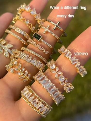 VOPIPO Adjustable Gold Plated CZ Leaf Double Cubic Zirconia Ring for Women
