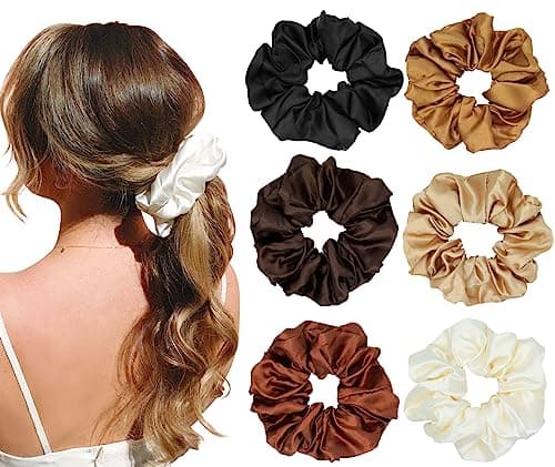 Leopard Silk Satin Scrunchies for Women, 6PCS Solid Color Hair Elastic Bands