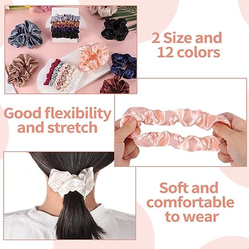 Pengxiaomei 24pcs Satin Hair Scrunchies, 2 Sizes, Silk Elastic Bands for Women & Girls