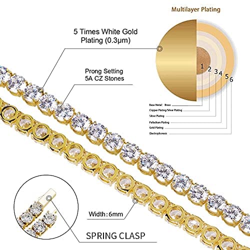 JINAO 18K Gold Plated 6MM Tennis Chain Necklace with Lab Simulated Diamond Chain for Men & Women