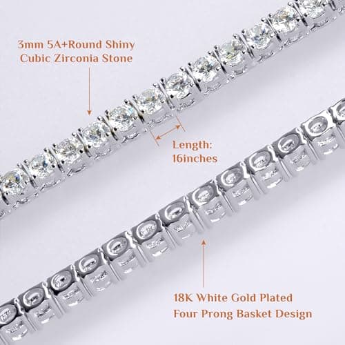 DUALFERV Women's 18K Gold Plated Tennis Necklace & Bracelet, Cubic Zirconia, 3mm, Long Chain