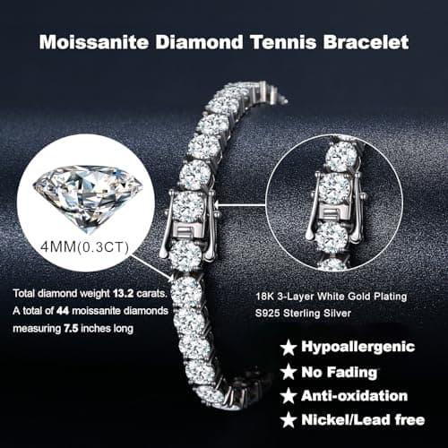 WM WONDER MOJO 3-4mm Round Cut Moissanite Tennis Bracelet 10.5-14 Carats 18k White Gold Plated 925 Sterling Silver Jewel