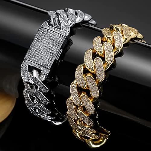 MOFEIJEWEL 18K Gold Plated 15mm Cuban Link Bracelet for Men