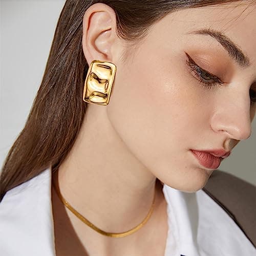 SeryNow Chunky Gold Rectangle Stud Earrings for Women