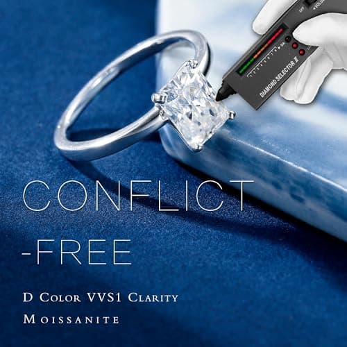 MOOSEA D Color VVS1 ClarityLab Created Moissanite Ring, 18K White Gold Plated Solitaire Engagement Ring