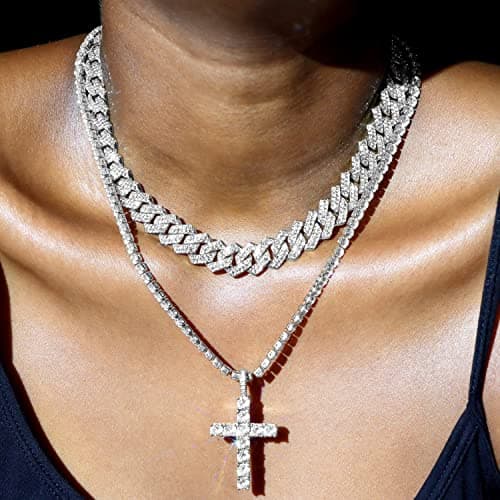 Iced Miami Cuban Link Cross Pendant Necklace for Men & Women