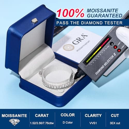 TUHE 1.52ct-7.76ct Adjustable 18K White Gold Plated Moissanite Tennis Bracelet