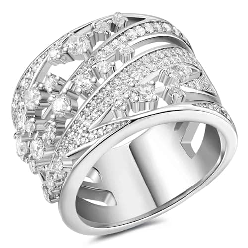 AIHUASI Wide Wedding Bands for Women, Cubic Zirconia Engagement Rings, Stackable White Gold, Size 5-10