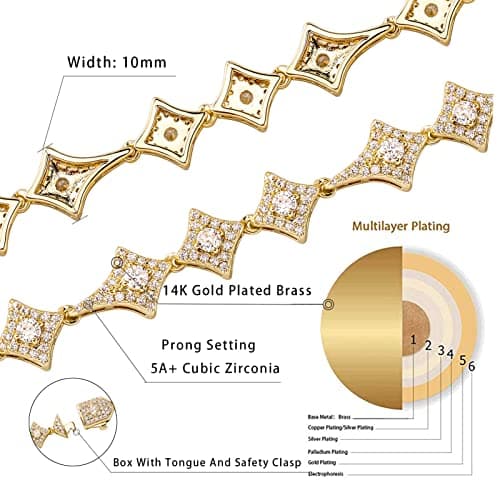 JINAO Iced Out 10MM Star Tennis Bracelet 14K Gold Plated Cubic Zirconia men women