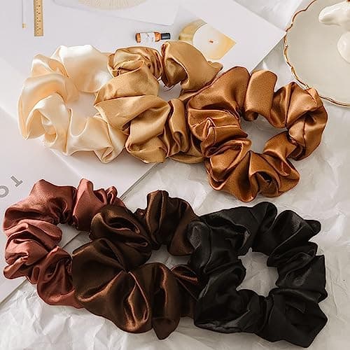 Leopard Silk Satin Scrunchies for Women, 6PCS Solid Color Hair Elastic Bands