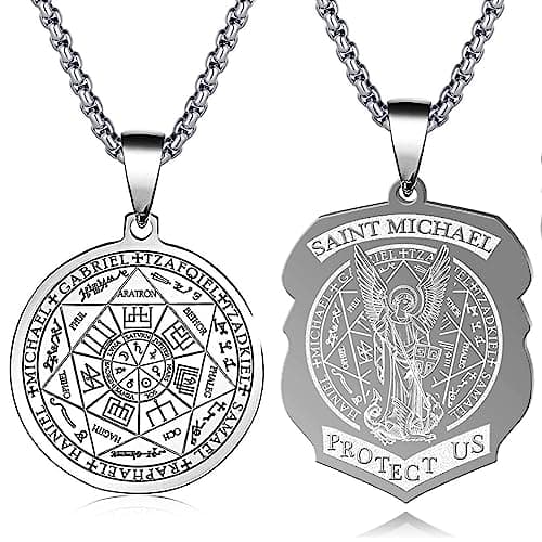 FLYUN Seven Archangels Protection Pendant Necklace, Stainless Steel, 24 inches