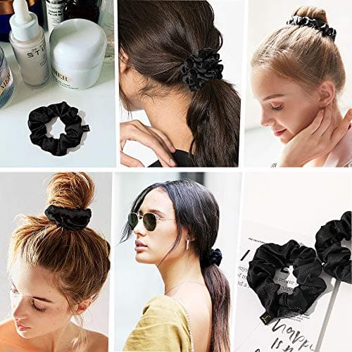 Black Satin Silk Scrunchies for Women - Thick Curl Hair Bands No Crease