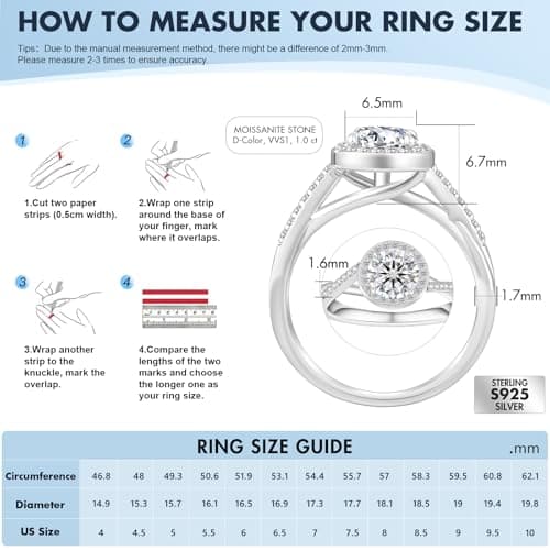 KRKC&CO Moissanite Halo Engagement Ring, 1.0 CT, White D Color VVS1 Clarity