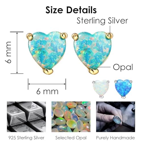 Michooyel Sterling Silver Heart-Shaped Opal Stud Earrings for Women