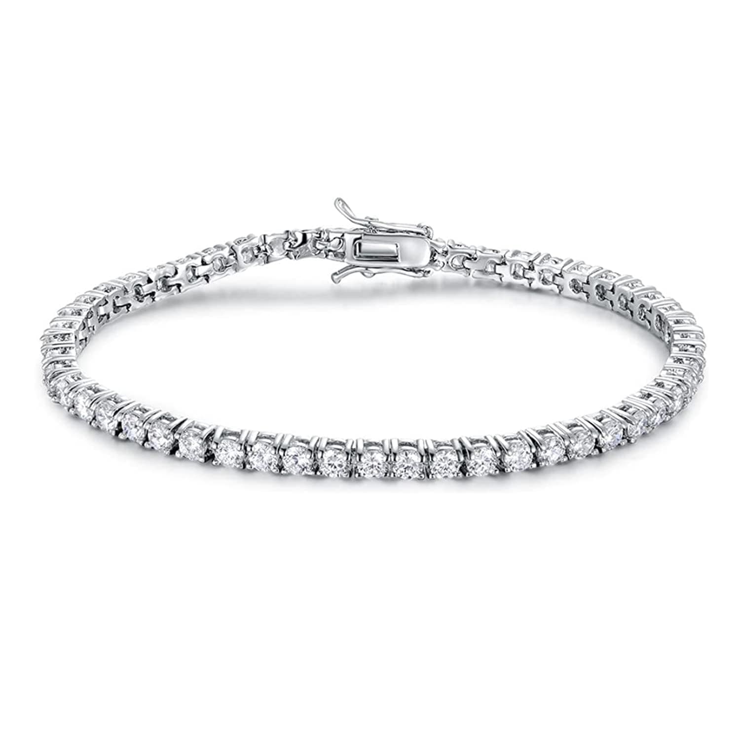 18K White Gold Plated Gemsme Silver Moissanite Tennis Bracelet, 3mm Round 6.5-8.5 Inch