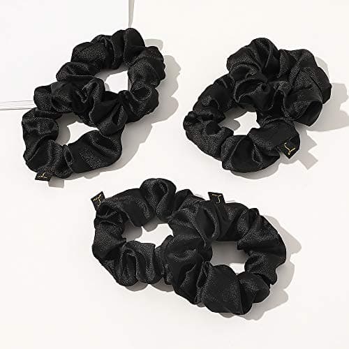Black Satin Silk Scrunchies for Women - Thick Curl Hair Bands No Crease