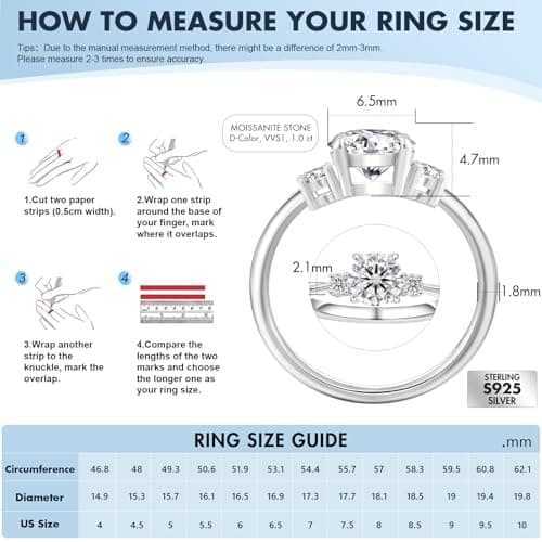 KRKC&CO 1.0 CT 3 Stones Moissanite Engagement Rings, D Color VVS1 Clarity, White Gold Plated S925Sterling Silver