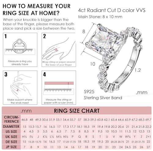 Michooyel S925 4ct Radiant Cut Cubic Zirconia Engagement Rings For Women