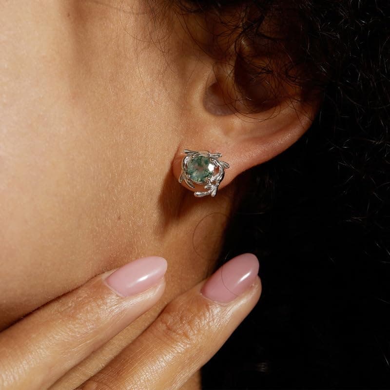 Michooyel Natural Moss Agate Stud Earrings for Women 925 Sterling Silver