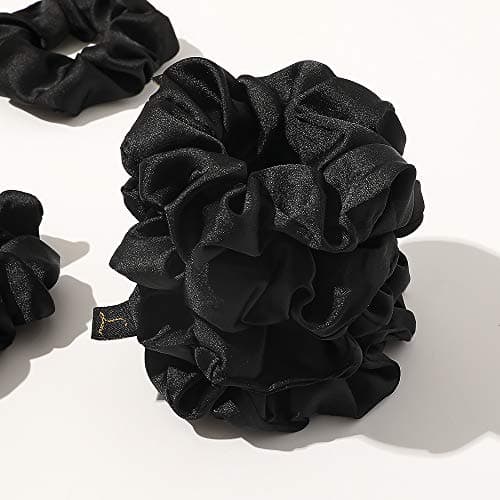 Black Satin Silk Scrunchies for Women - Thick Curl Hair Bands No Crease
