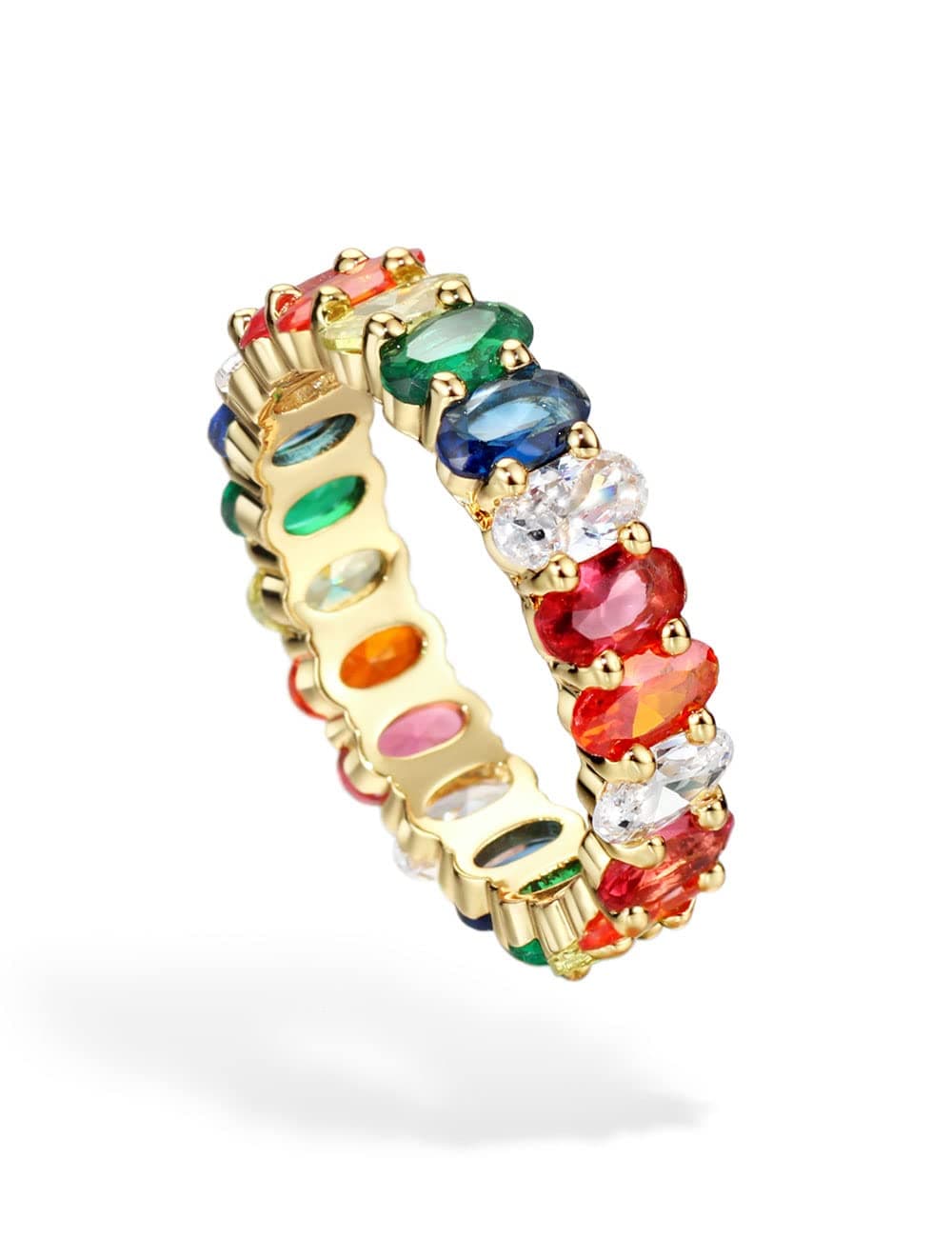 Eternity Rainbow Oval CZ Ring for Women in 18K Gold Plating
