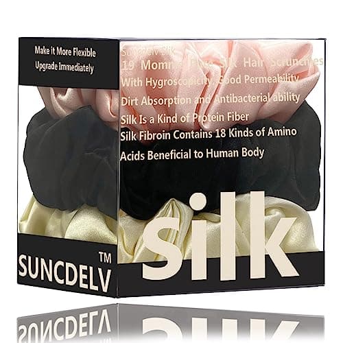 Suncdelv Silk Scrunchies, Anti-Crease & Breakage Hair Ties 22 Momme, 3PCS (Pink, Blue, Khaki)