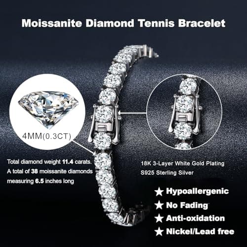10.5-14 Carat Lab Grown Diamond Moissanite Tennis Bracelet 18k White Gold Plated 925 Sterling Silver