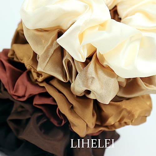 Leopard Silk Satin Scrunchies for Women, 6PCS Solid Color Hair Elastic Bands