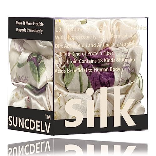 Suncdelv Silk Scrunchies, Anti-Crease & Breakage Hair Ties 22 Momme, 3PCS (Pink, Blue, Khaki)