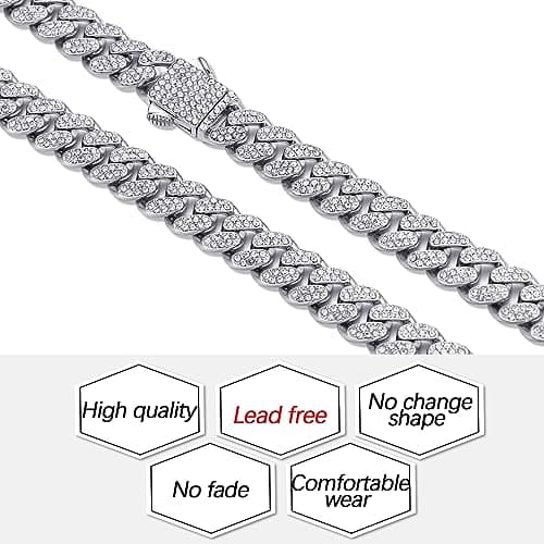 FEEL STYLE Silver Iced Cuban Link Chain Bling Diamond Curb Necklace 18-24inch