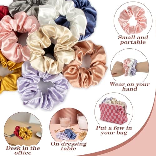 10PCS Large Satin Scrunchies - Thick Hair Ponytail Holders, Bright & Neutral Colors