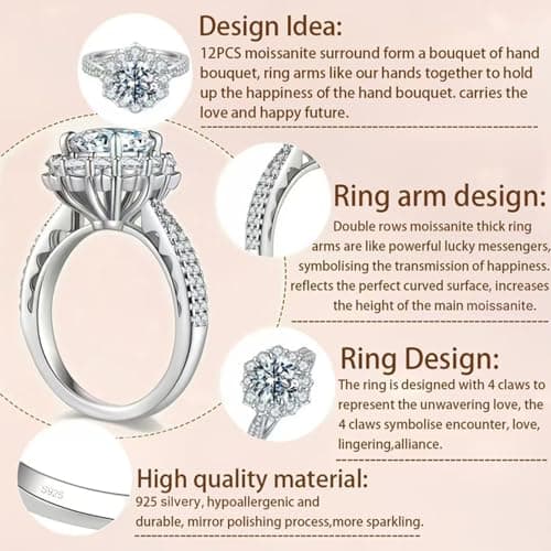 Elio Passero Women's Moissanite Engagement Rings, D Color, VVS1 Clarity, 925 Sterling Silver, 18K White Gold Plated