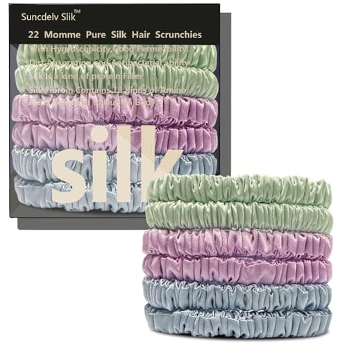 Suncdelv Silk Scrunchies, Anti-Crease & Breakage Hair Ties 22 Momme, 3PCS (Pink, Blue, Khaki)