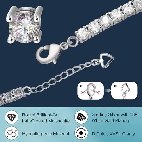 QUEENOU 18K White Gold Plated 10.8 CT Cubic Zirconia Tennis Bracelet