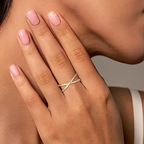 SAMIOVJ D Color VVS1 Moissanite Criss Cross Wedding Band, 18K White Gold Plated Sterling Silver